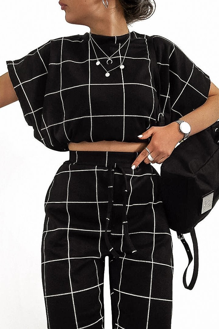 Black Check Short Sleeve Top and Jogger Set - Aimy-Co-ords