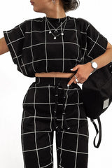 Black Check Short Sleeve Top and Jogger Set - Aimy-Co-ords