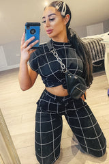 Black Check Short Sleeve Top and Jogger Set - Aimy-Co-ords
