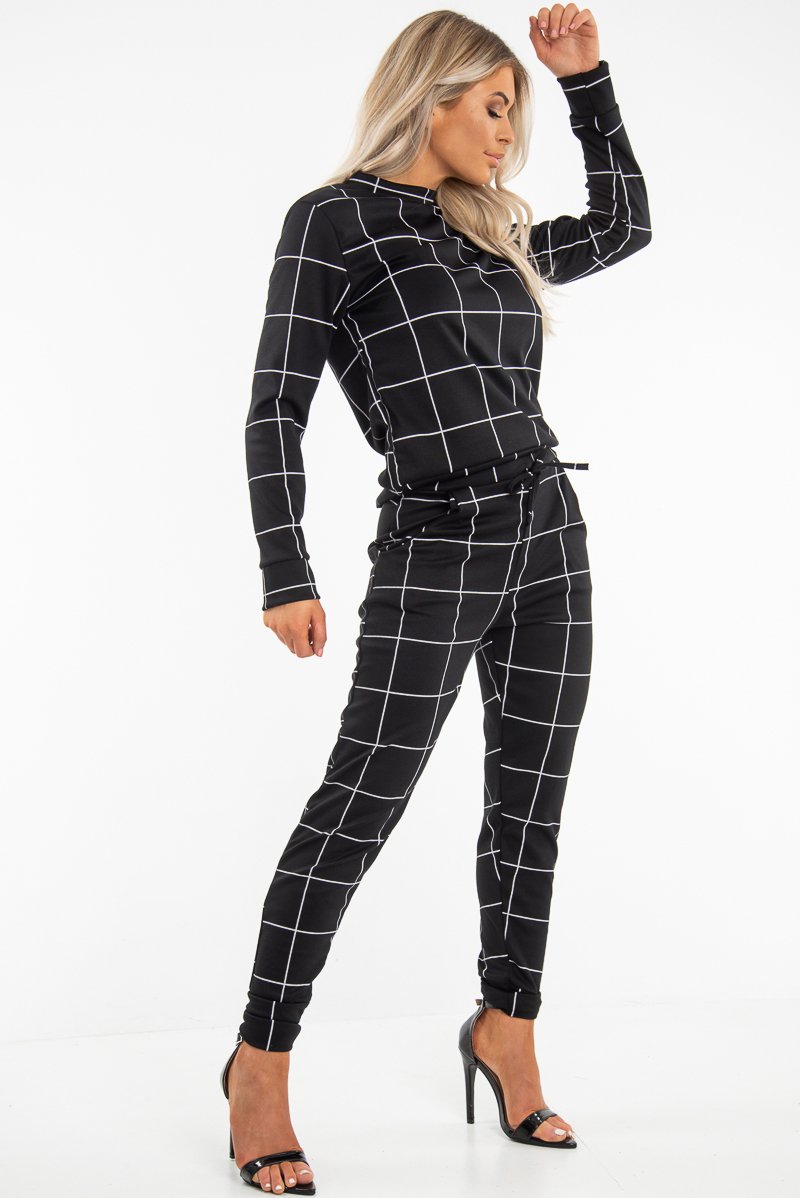 Black Check Sweatshirt Joggers Loungewear Set - Mica-Co-ords