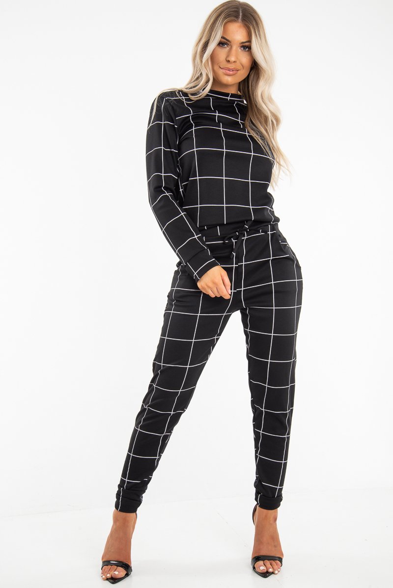 Black Check Sweatshirt Joggers Loungewear Set - Mica-Co-ords
