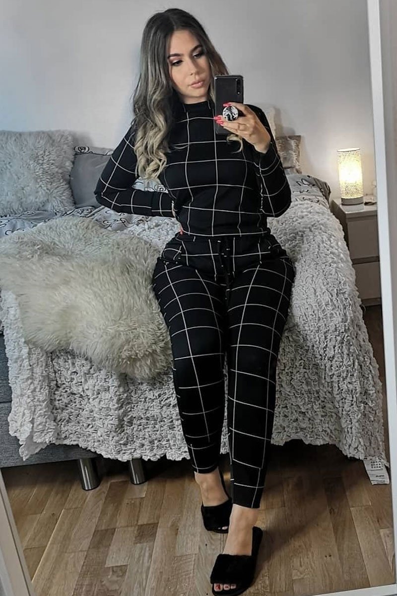 Black Check Sweatshirt Joggers Loungewear Set - Mica-Co-ords