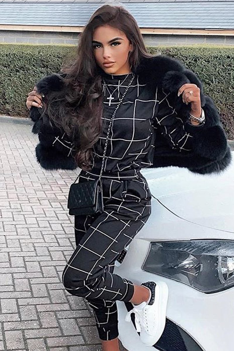 Black Check Sweatshirt Joggers Loungewear Set - Mica-Co-ords
