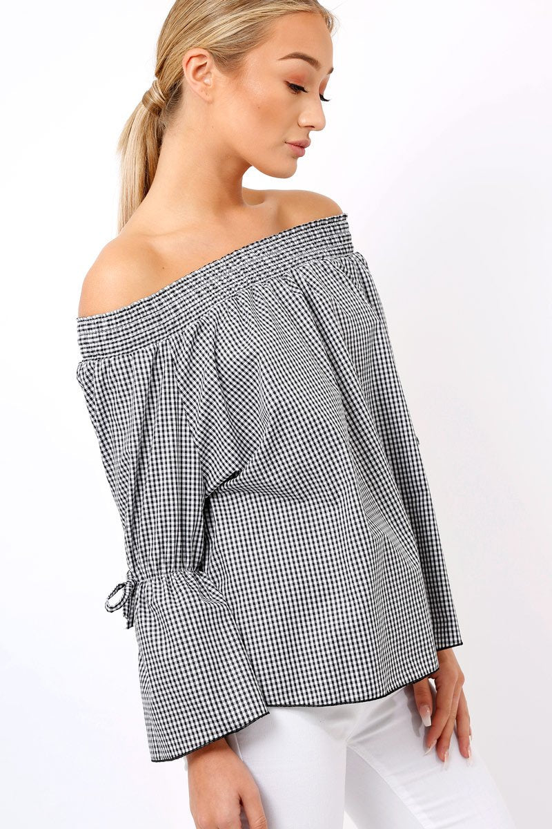 Black Checked Bardot Bell Sleeve Top - Trixie-Tops