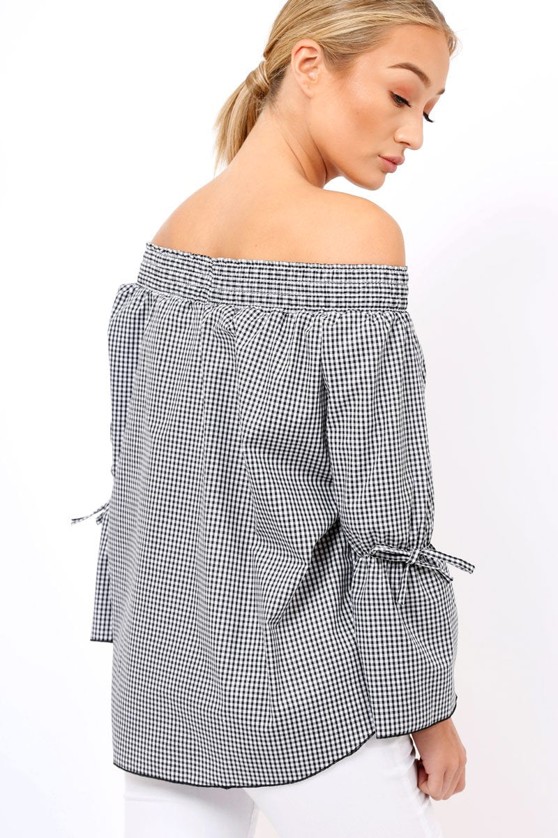 Black Checked Bardot Bell Sleeve Top - Trixie-Tops