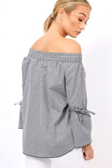 Black Checked Bardot Bell Sleeve Top - Trixie-Tops