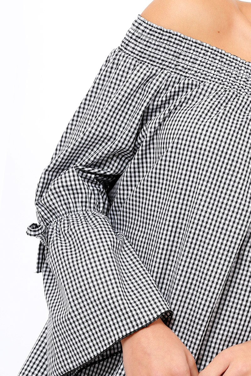 Black Checked Bardot Bell Sleeve Top - Trixie-Tops