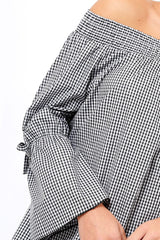 Black Checked Bardot Bell Sleeve Top - Trixie-Tops