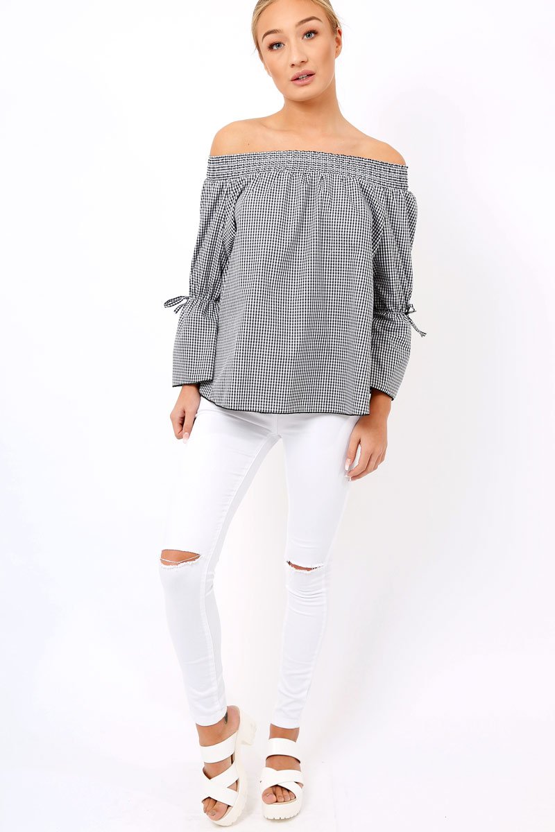 Black Checked Bardot Bell Sleeve Top - Trixie-Tops