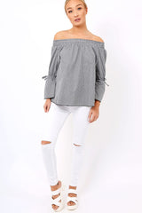 Black Checked Bardot Bell Sleeve Top - Trixie-Tops