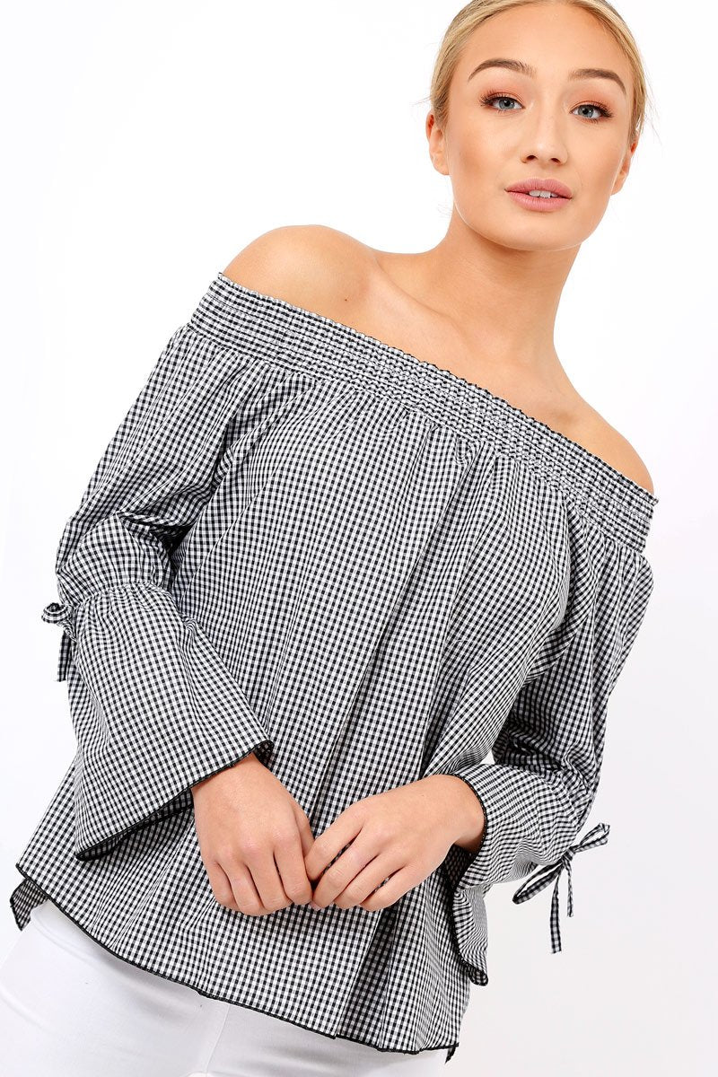 Black Checked Bardot Bell Sleeve Top - Trixie-Tops
