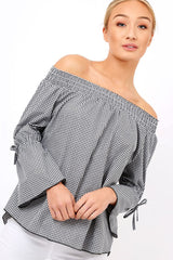 black Checked Bardot Bell Sleeve Top - Trixie – Rebellious Fashion