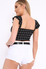Black Checked Smocked Frill Crop Top - Lenni-Crop Tops