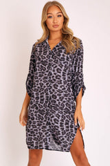 Black Cheetah Print Button Up Sleeve Shirt Dress - Zoey-Dresses