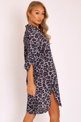 Black Cheetah Print Button Up Sleeve Shirt Dress - Zoey-Dresses