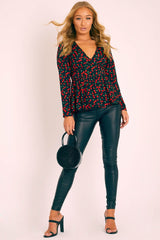Black Cherry Print Plunge Blouse - Jadzia-Blouse