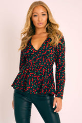 Black Cherry Print Plunge Blouse - Jadzia-Blouse