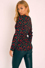 Black Cherry Print Plunge Blouse - Jadzia-Blouse