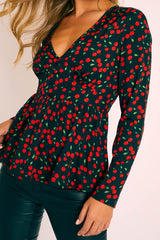 Black Cherry Print Plunge Blouse - Jadzia-Blouse
