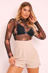 Black Cherub Print Mesh High Neck Crop Top - Lucie-Crop Tops