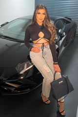 Black Chest Cut Out High Neck Crop Top - Kara-Crop Tops
