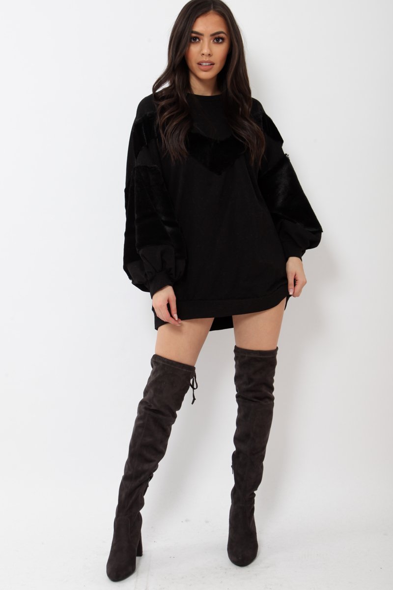 Black Chevron Fur Jumper Dress - Esme-Tops
