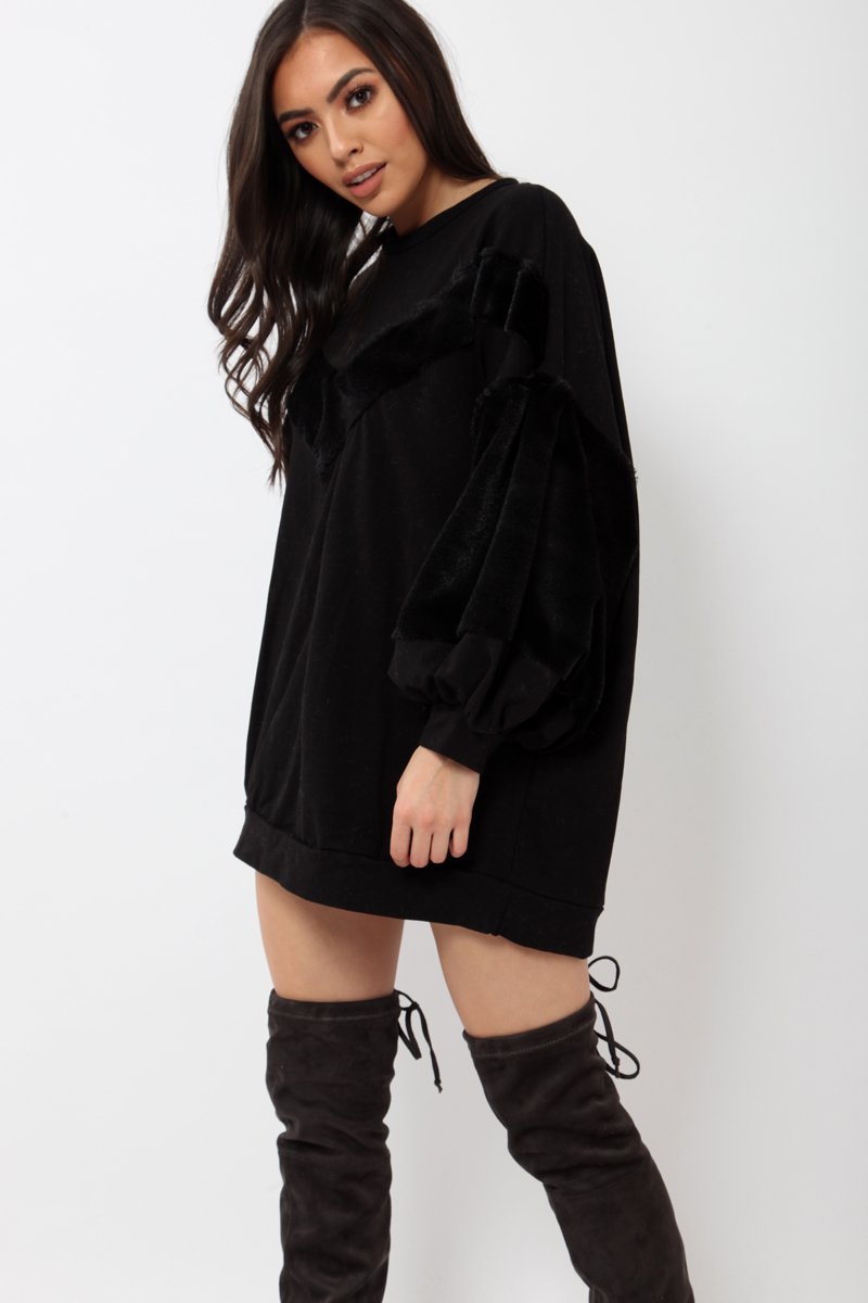 Black Chevron Fur Jumper Dress - Esme-Tops