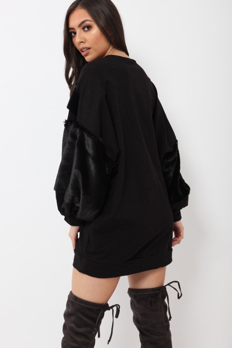 Black Chevron Fur Jumper Dress - Esme-Tops
