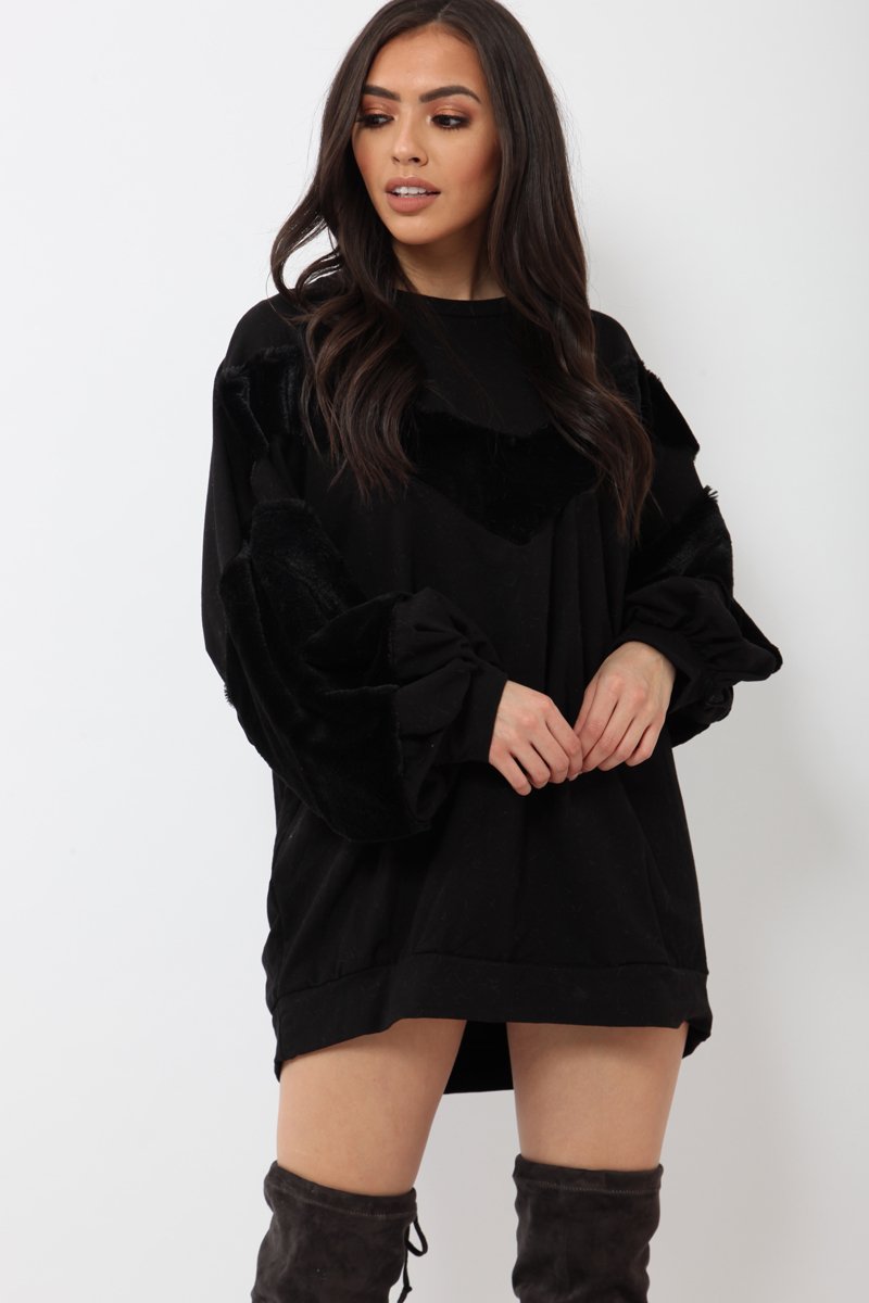 Black Chevron Fur Jumper Dress - Esme-Tops