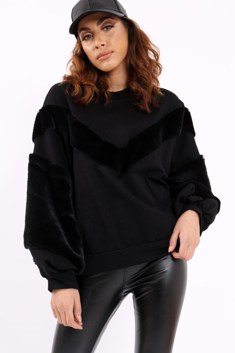 Black Chevron Fur Jumper - Lara-Tops