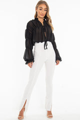 Black Chiffon Balloon Sleeve Crop Tie Front Blouse - Amelia-Blouse