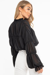 Black Chiffon Balloon Sleeve Crop Tie Front Blouse - Amelia-Blouse