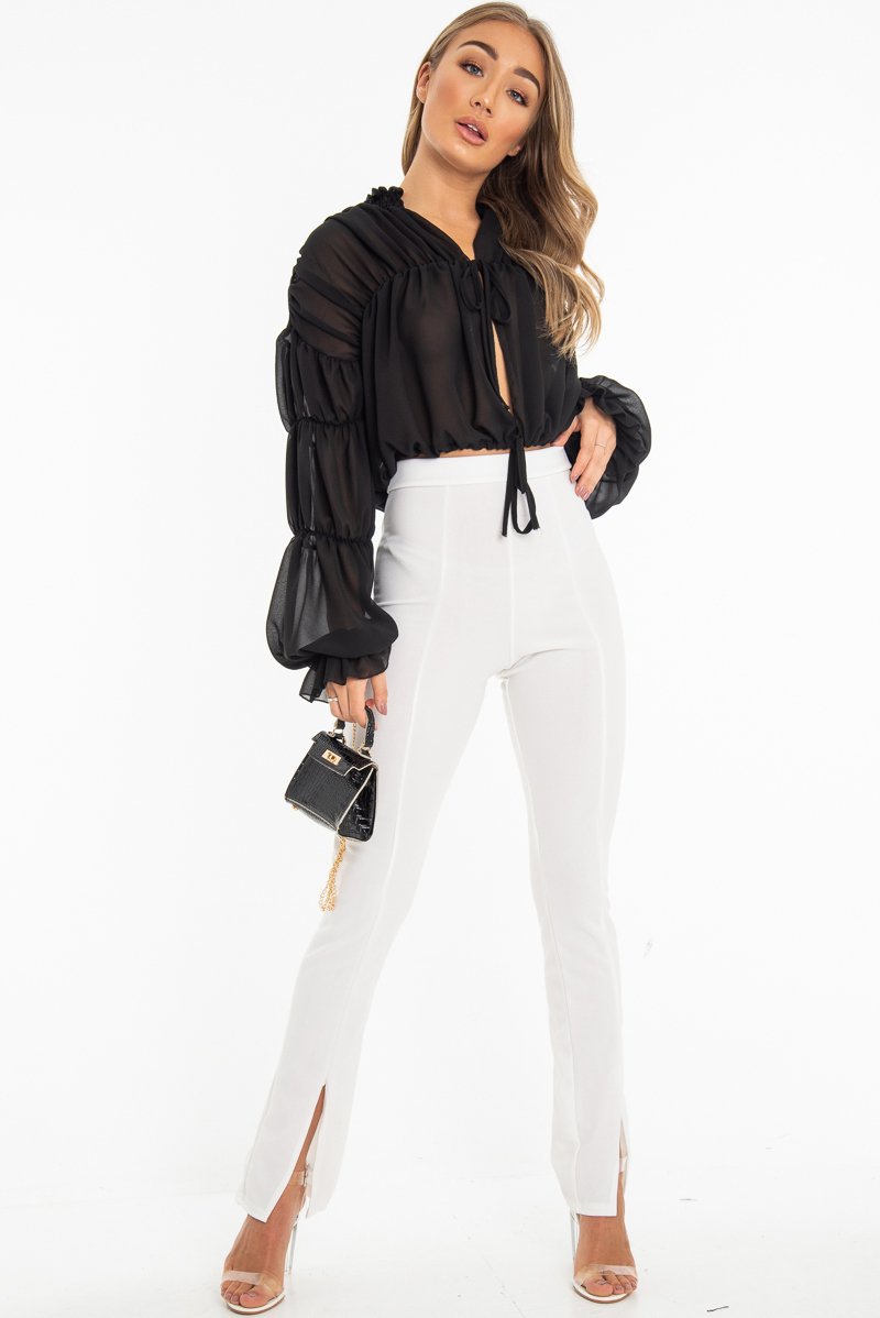 Black Chiffon Balloon Sleeve Crop Tie Front Blouse - Amelia-Blouse