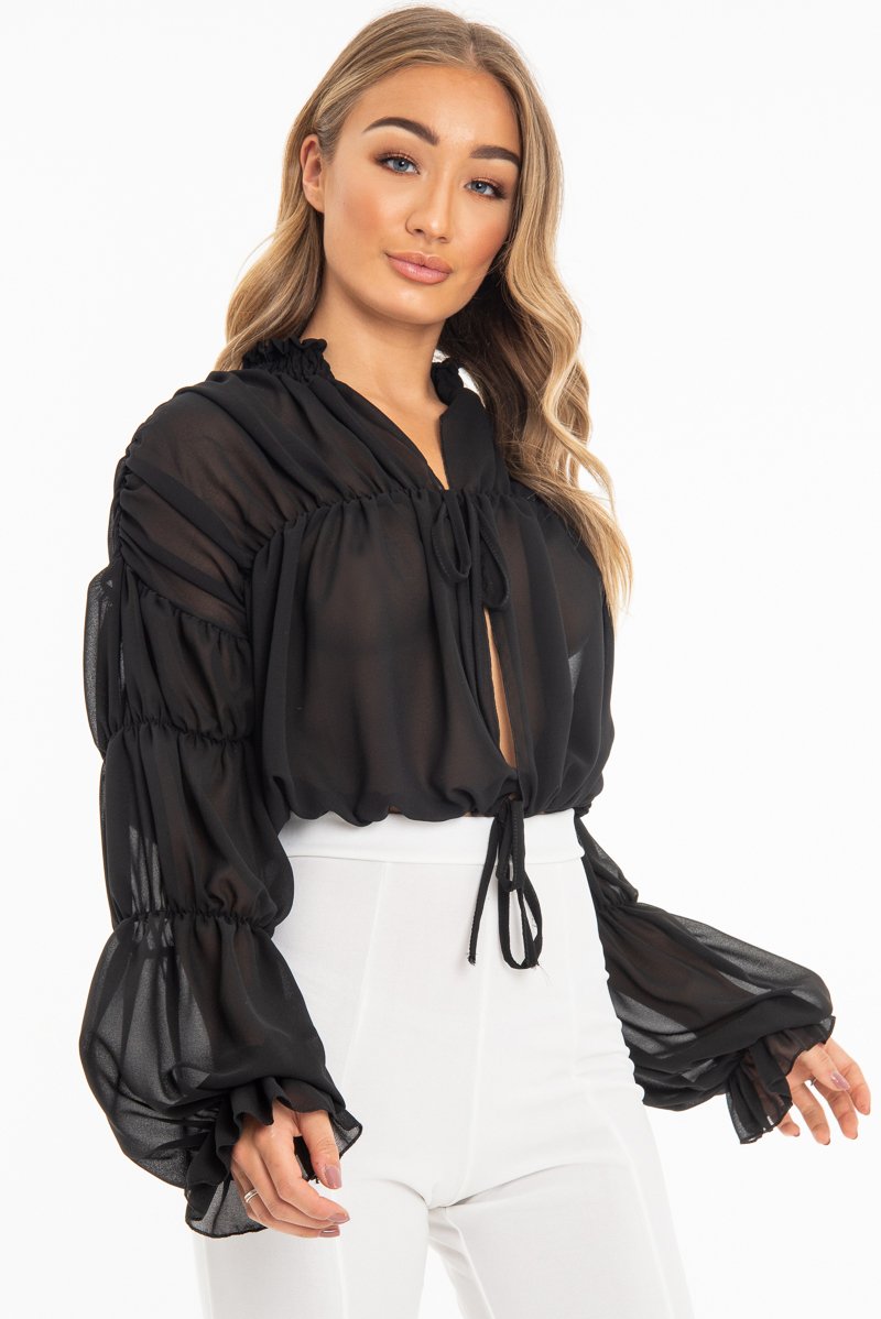 Black Chiffon Balloon Sleeve Crop Tie Front Blouse - Amelia-Blouse