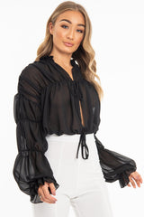 Black Chiffon Balloon Sleeve Crop Tie Front Blouse - Amelia-Blouse