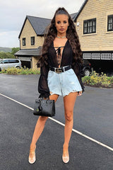 Black Chiffon Balloon Sleeve Crop Tie Front Blouse - Amelia-Blouse