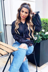 Black Chiffon Balloon Sleeve Crop Tie Front Blouse - Amelia-Blouse