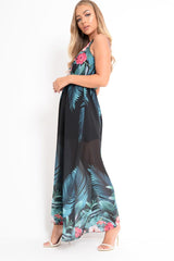 Black Chiffon Leaf Print Plunge Maxi Dress - Marlin-Dresses