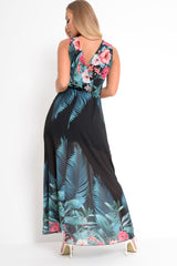 Black Chiffon Leaf Print Plunge Maxi Dress - Marlin-Dresses