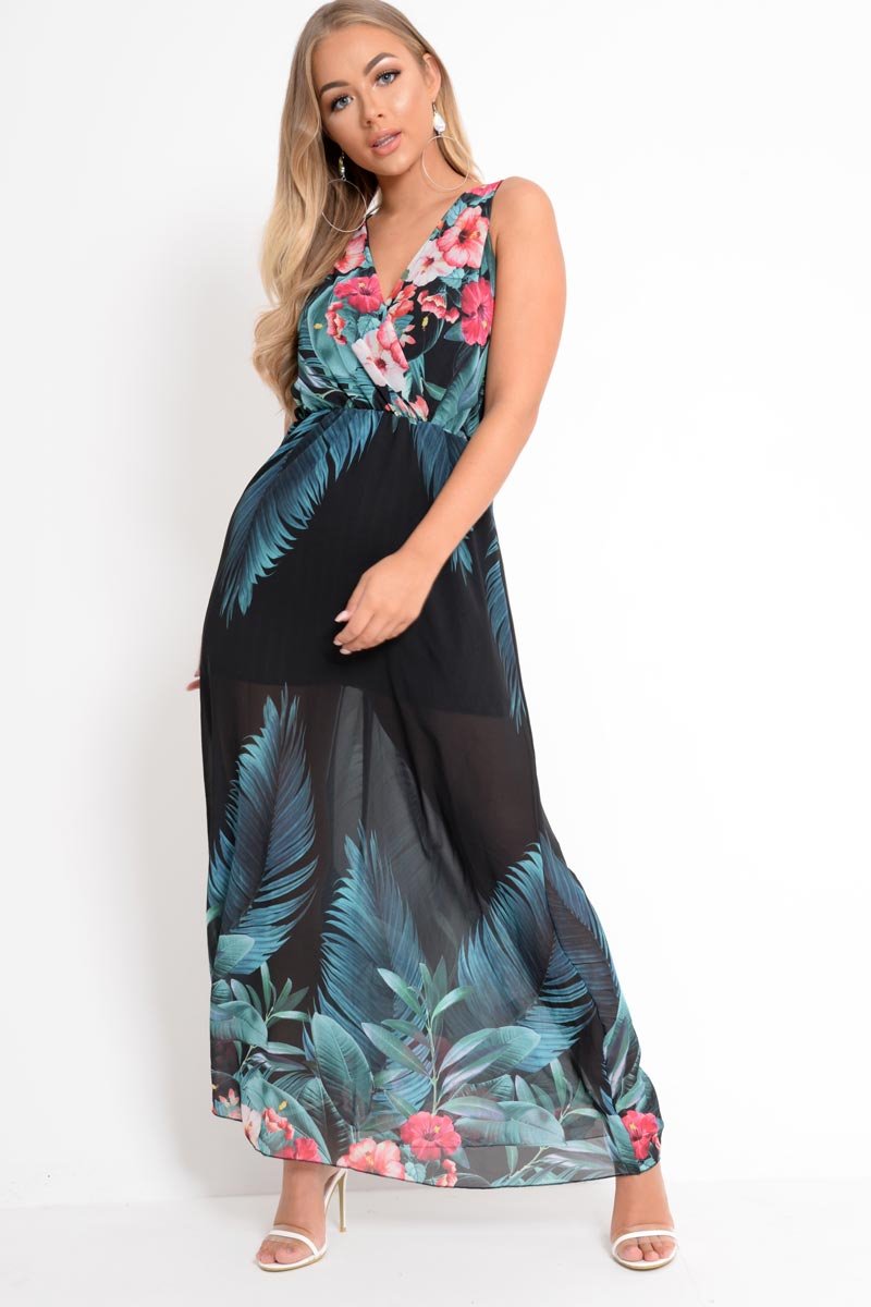 Black Chiffon Leaf Print Plunge Maxi Dress - Marlin-Dresses