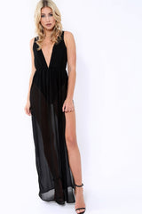 Black Chiffon Maxi Dress with Bodysuit - Macie-Bodysuits