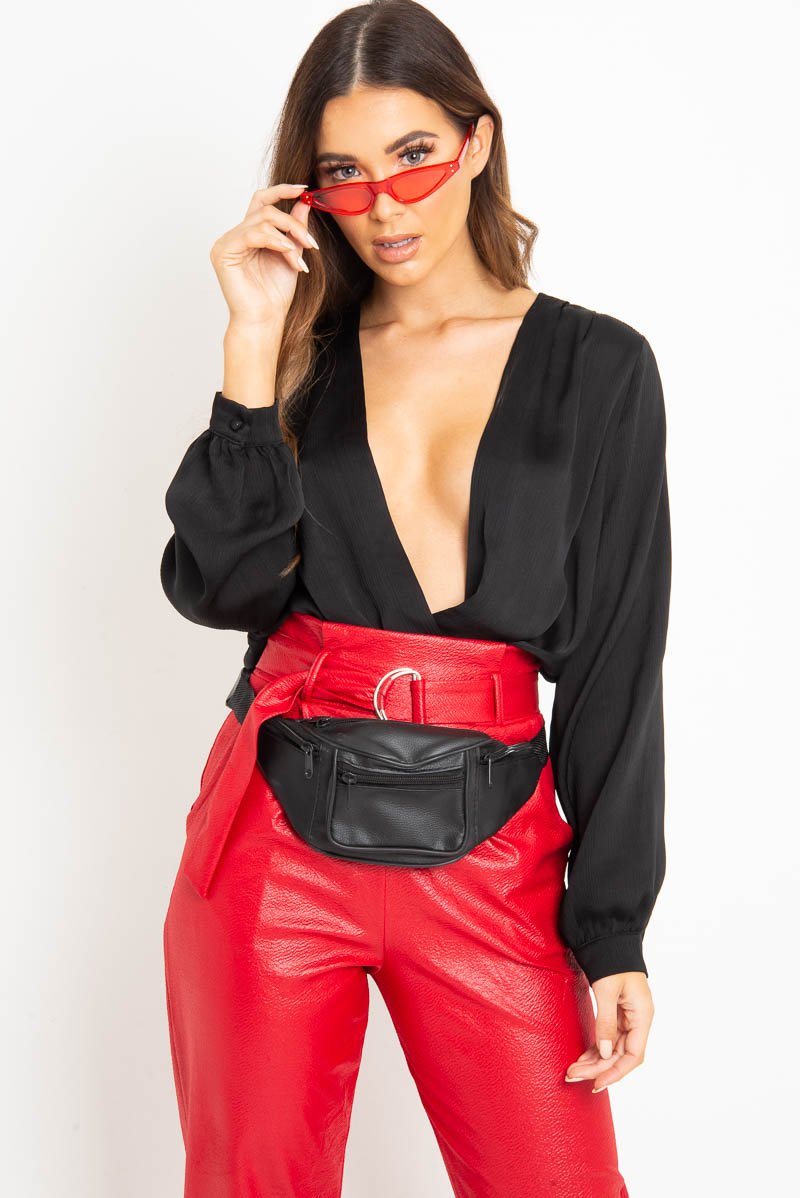 Black Chiffon Plunge Blouson Sleeve Bodysuit - Liah-Bodysuits
