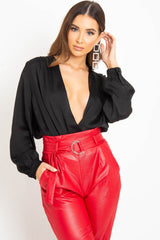 Black Chiffon Plunge Blouson Sleeve Bodysuit - Liah-Bodysuits