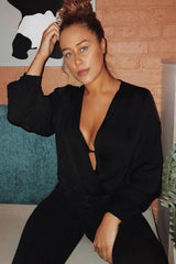 Black Chiffon Plunge Blouson Sleeve Bodysuit - Liah-Bodysuits