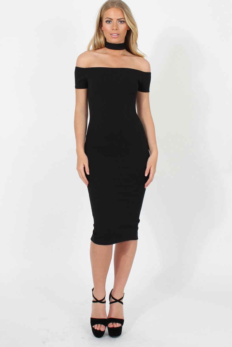 Black Choker Bardot Bodycon Dress - Thea-Dresses