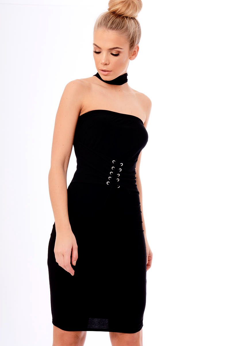 Black Choker Lace Up Corset Bodycon Dress - Shaniya-Dresses