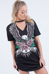 Black Choker Live N Love Eagle Print T Shirt Dress - Tia-Dresses