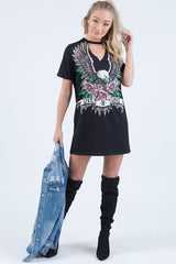 Black Choker Live N Love Eagle Print T Shirt Dress - Tia-Dresses