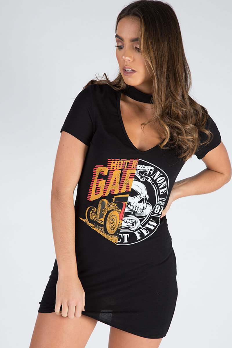 Black Choker Neck Cut Out Slogan T-Shirt Dress - Sophie-Dresses