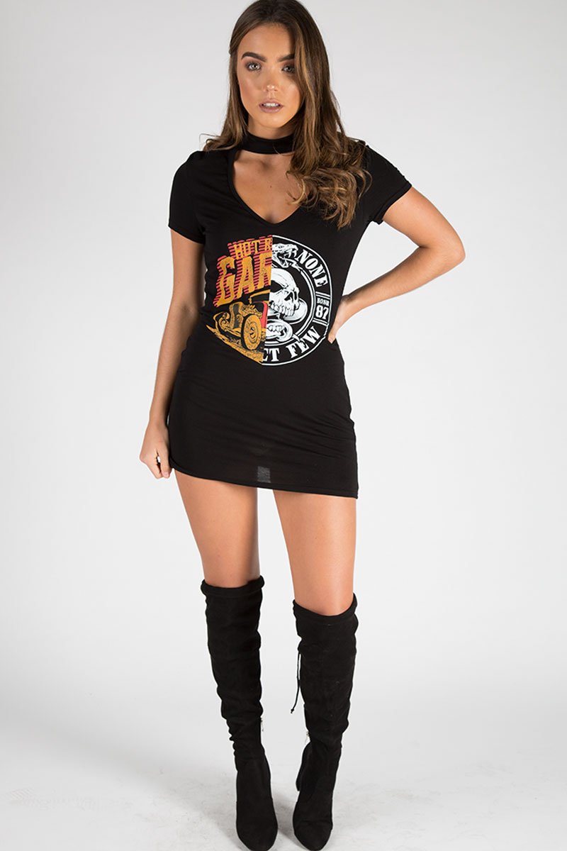Black Choker Neck Cut Out Slogan T-Shirt Dress - Sophie-Dresses